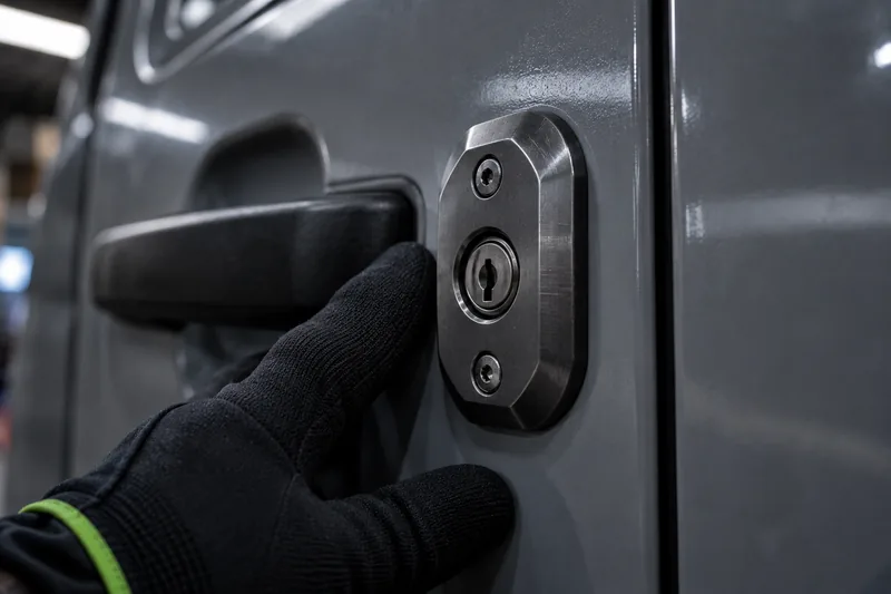 A hardened steel anti-drill plate fitted around the lock barrel on a van door