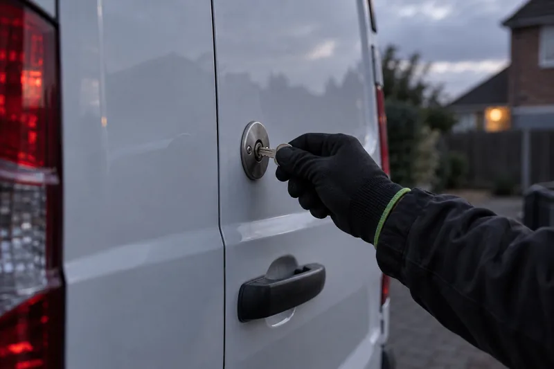 A separate key-operated deadlock fitted above the handle on the rear door of a white panel van