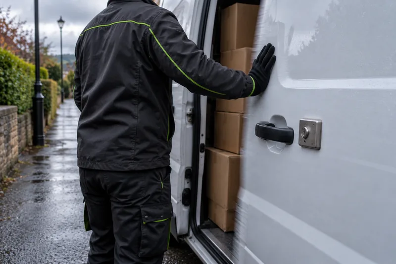A courier closing the sliding side door of a loaded white van fitted with a slam lock